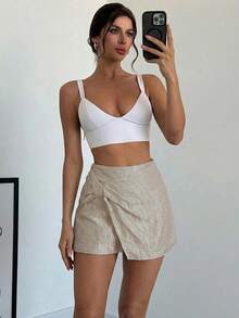 Firerie 女士优雅简约裹身短裙，高腰卡其色不对称下摆修身百搭短裤，休闲度假、教师、海滩度假皆宜 - 卡其色 - 查看 4