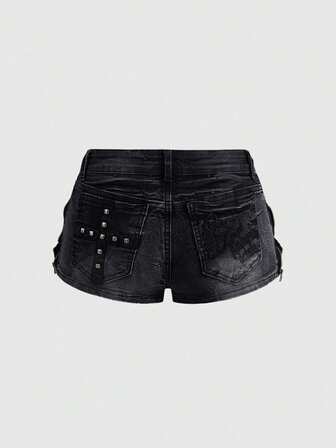 Grunge Punk Short en jean taille très basse pour femmes avec broderie de crâne et décoration de rivets, style Y2K Baddie