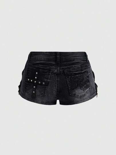 ROMWE Grunge Punk Y2K Baddie Dödskallebroderi & Nitdekor Superlåg Midja Damjeanshorts