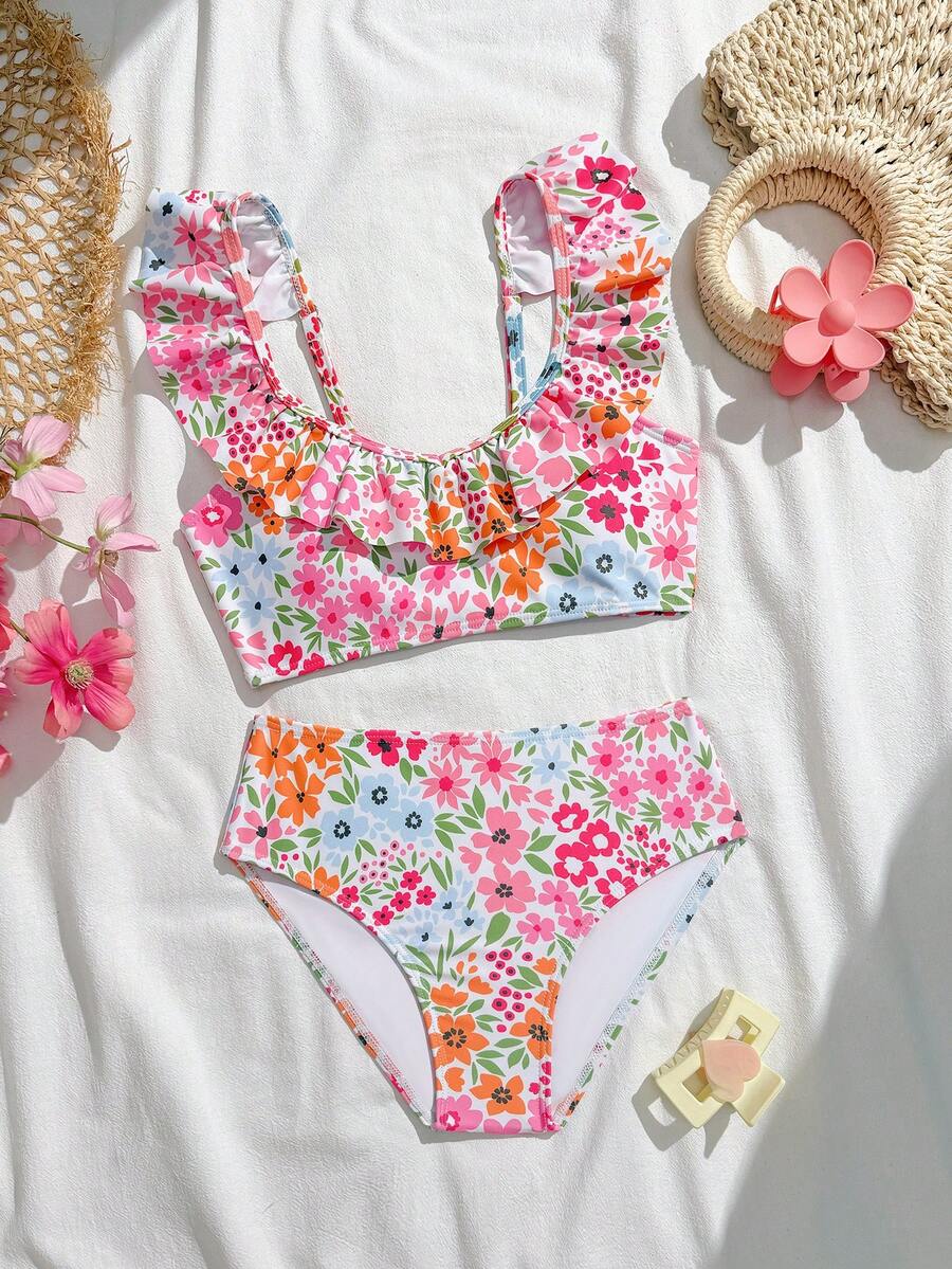 2pcs Tween Girls Colorful Floral Print Ruffled Elastic Comfortable Summer Swimsuit Set 2pcs Tween Girls Printed Swimwear Flower Bikini Girls Tween High Waisted Floral Swimsuit Flower Swimsuit Girls High Waisted Floral Swimsuit Kids Floral Swim 2pcs Girls Printed Swimwear - Pink - View 1