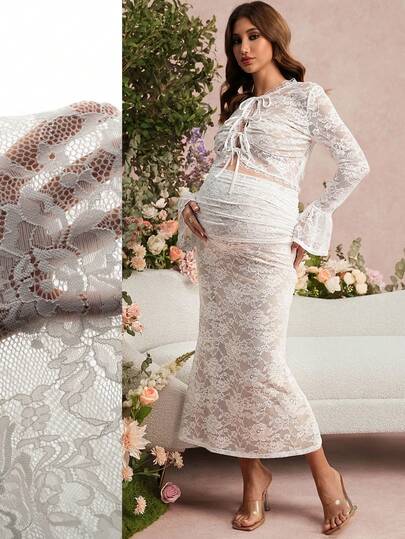 SHEIN Maternity Clothes Maternity Co Ord Set  Spring And Summer  Pregnant Clothes White Maternity Suit With Off-The-Shoulder Design And A Maternity Fishtail Skirt; Elegant Lace Details For A Valentine's Day Party