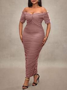 Truni 大码女式夏季优雅弹力网眼单肩褶皱中长连衣裙，女士生日礼服