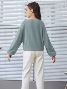 SHEIN Leap Crew Tween Girl 复古罗纹宽松短款长袖 T 恤 - 青碧色 - 查看 2