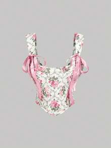SHEIN MOD Vintage Floral Plaid Print Cross Tie Corset-Style Tank Top – Perfect For Vacation, Date, Picnic, Party, Prom, Festival, And Birthday; Romantic Vintage Court Style Flower Print Floral Bustier Top Floral Top Pink Ribbon Top, Valentine's Day, Carnival Costume - Multicolor - View 5