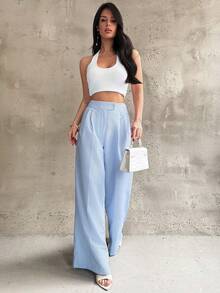 Firerie Women's Elegant Casual Minimalist Commute Office Daily Vacation High Waist Wide Leg Straight Leg Pants, Blue & White Striped Trousers - Blue and White - View 3