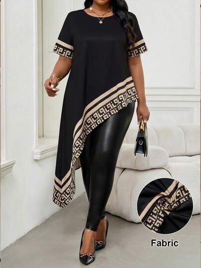 SHEIN Lady Plus Size Geometric Print Round Neck Asymmetric Hem Casual Short Sleeve Shirt
