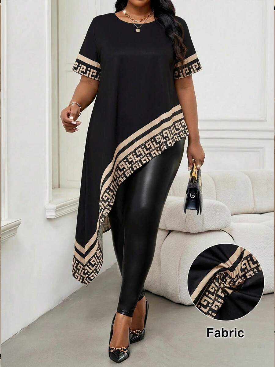 SHEIN Lady Plus Size Geometric Print Round Neck Asymmetric Hem Casual Short Sleeve Shirt, Going Out Tops - Multicolor - View 1