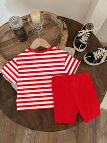 SHEIN 1 pieza Conjunto de camiseta de manga corta con cuello redondo y estampado de rayas rojas y fresas, y leggings, estilo casual y lindo retro americano para niña bebé, adecuado para primavera/verano, uso diario, vacaciones, estilo Y2K - Multicolor - Ver 3