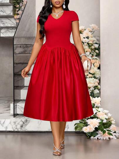 SHEIN Lady Women's Solid Color V-Neck Ruched Elegant Dress