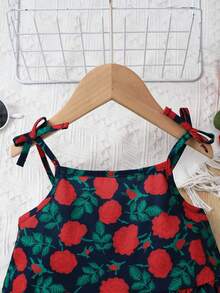 SHEIN Elladie kids Đầm midi hai dây in hoa thanh lịch, thời trang, thoải mái, trang trí hình bướm cho bé gái. - Màu xanh hải quân - Xem 8