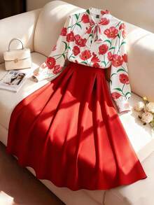 GlowEve CURVE Women's Elegant High Collar Tie Long Sleeve Blouse And A-Line Valentine's Day Skirt 2-Piece Set - Multicolor - View 7