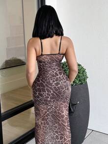 Alexandranx 全新性感豹纹网眼吊带裙，修身版型，长款 - 棕色 - 查看 2