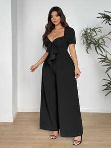 Vionelle Bộ jumpsuit nữ cỡ lớn màu trơn, tay ngắn, cổ chữ V, buộc dây phía trước, ống rộng. - màu đen - Xem 2