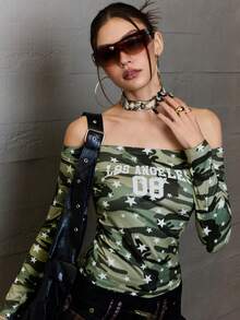 Rina Fox Women's Letter Camouflage Print Off Shoulder Long Sleeve Fitted Fashion T-Shirt - Multicolor - View 3