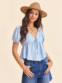 Coeurva Women's Vacation Top,Women's Elegant Casual Romantic Sexy Vacation Jacquard Blouse, Blue Ladies Top,Women's Summer Outfits, Vacation Outfits Women,Summer Tops - Baby Blue - View 4