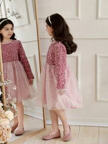 Girls' Sequin & Pearl Decor Tulle Dress With Large Collar, Elegant For Parties, Gatherings, Birthdays, Spring/Summer - Pink - View 5