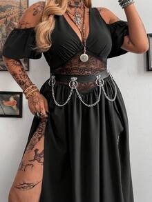 Whyspr Đầm dáng chữ A tay ngắn cổ chữ V phối ren, xẻ tà đôi, cỡ lớn, phong cách vintage punk thanh lịch dành cho nữ. - màu đen - Xem 1