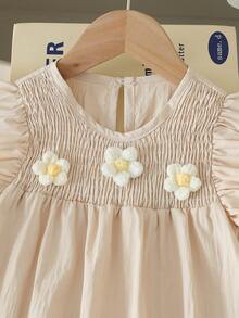 SHEIN Vintaside Kids 女童优雅甜美可爱贴花圆领短袖荷叶边下摆宽松休闲时尚连衣裙，适合度假、旅行、生日礼物、夏季穿着 - 杏色 - 查看 4