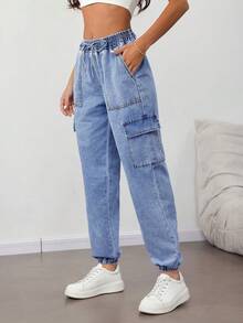 SHEIN Tall Women's Casual Washed Drawstring Waist Flap Pocket Cuffed Hem Jeans, Summer - Medium Wash - View 3
