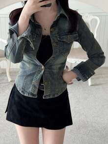 DAZY Women's Long Sleeve Single-Breasted Casual Pocket Denim Jacket - Blue - View 5