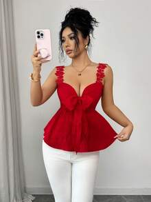 Rafferiza 女士优雅法式性感度假风蕾丝打结荷叶边宽肩带上衣，夏季 - 紅色 - 查看 8