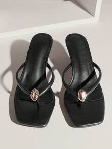 SHUZIA #QuietLuxury Women's Square Toe Kitten Heel Gold-Accent Minimalist Rolled-Edge Soft-Cushion Pu Black Thong Sandal– Refined, Clean & Effortlessly Chic - Black - View 7