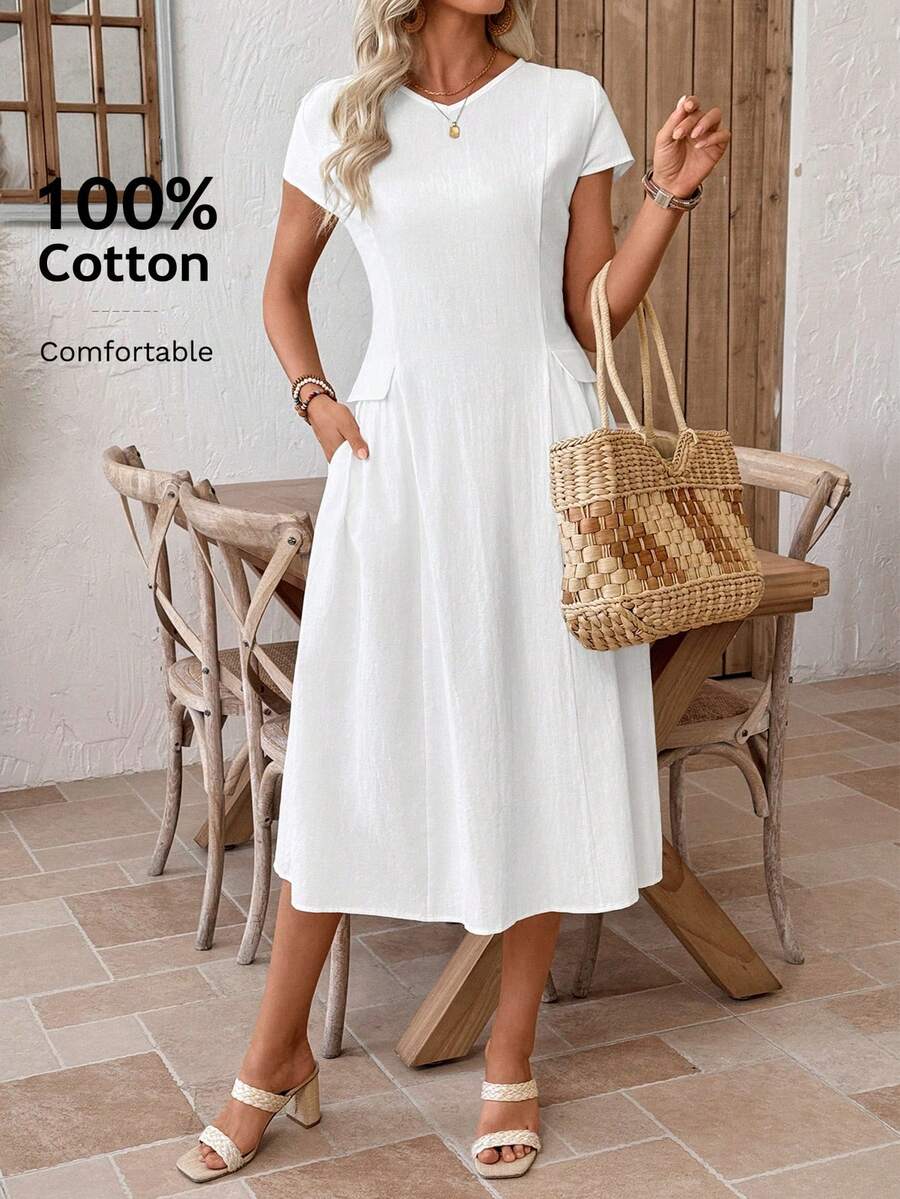 EMERY ROSE Đầm dài tay ngắn cổ chữ V màu trơn có túi thường ngày dành cho nữ - trắng - Xem 1