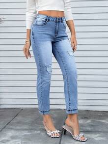 EMERY ROSE Women's High Waist Pocket Distressed Skinny Casual Versatile Jeans - Blue - View 8