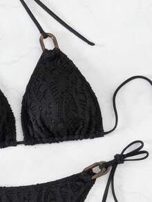 SHEIN Swim 女款紋理打結側面比基尼套裝，細帶沙灘泳裝夏季 - 黑色 - 查看 4