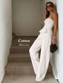 Easowa 女士纯色吊带背心和阔腿裤休闲两件套情人节服装纯白色背心连衣裙休闲宽松复古风服装白色亚麻裤套装奶油色两件套亚麻两件套套装夏季棉质两件套春季服装，休闲服饰 - 白色 - 查看 2