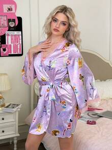 The Winx X SHEIN Women's Comfortable Contrast Lace Allover Print Robe, Autumn - Multicolor - View 5