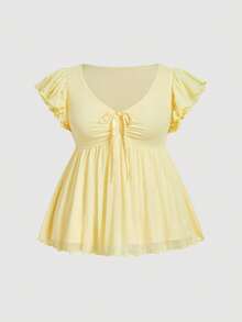 SHEIN MOD Bộ đồ 2 món thời trang màu vàng dành cho nữ cỡ lớn: Áo tay ngắn buộc dây phía trước và chân váy ngắn. - Màu vàng - Xem 6