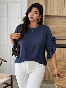 SHEIN LUNE Blus Longgar Lengan Kelelawar Kasual Wanita Ukuran Besar, Warna Polos, Cocok untuk Sehari-hari, Liburan, Perjalanan, Musim Semi/Panas - Navy Blue - View 6