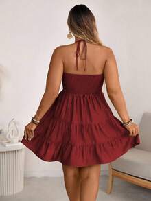 EMERY ROSE 大码女式春夏单竹结亚麻度假沙滩连衣裙，胸部褶皱层叠飘逸连衣裙，配有可调节挂脖蝴蝶结后背。