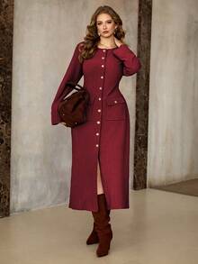 Roveilla 大码女式纹理面料圆领前扣金属腰带开衩口袋实用连衣裙，长袖，适合通勤、商务、度假、休闲、秋冬、圣诞节、新年等场合。酒红色女式连衣裙，酒庄风格女装，酒红色女装，长袖女式连衣裙，西部风格女式连衣裙，大码西部风格女装，纽扣前开襟女式连衣裙，红色长裙 - 酒紅色 - 查看 5