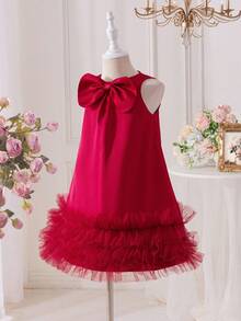 SHEIN Young Girl Woven Solid Color Mesh Ruffle Hem Casual Sleeveless Dress,Kids - Apricot - View 6