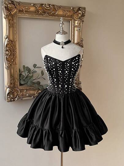 Lovelzi Elegant, Romantic, Fashionable Black Satin Beaded Mermaid A-Line Formal Party Dress, Wedding Guest Dress, Black Cocktail Dress, Single Party, Prom Dress