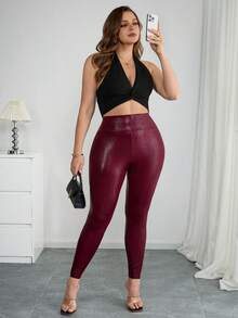 SHEIN Tall CURVE 大码夏季时尚高腰弹力鳄鱼纹打底裤 - 酒紅色 - 查看 6
