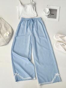 Elamini Women's Vacation Casual Striped Lace Trim Pants - Blue - View 1