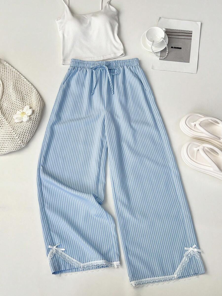 Elamini Women's Vacation Casual Striped Lace Trim Pants - Blue - View 1