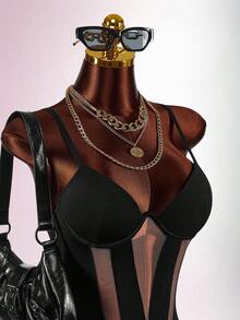 Amplova Neujahr & Valentinstag schwarzer transparenter sexy tief ausgeschnittener gepolsterter Büsten-Bodysuit-Shorts - Schwarz - Übersicht 5