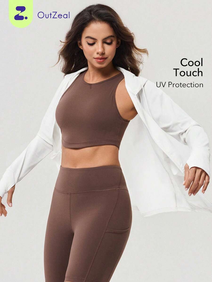 OutZeal 女士防晒夹克 夏季露营徒步 防紫外线 速干 凉爽触感 连帽长袖 带拇指孔 - 白色 - 查看 1