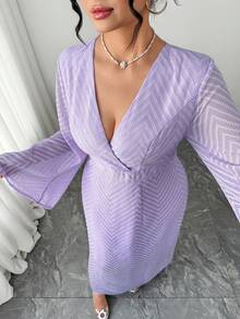 Elenzga 大码女士优雅V领喇叭袖收腰连衣裙，春夏款 - 紫色 - 查看 3