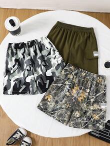 SHEIN Bộ 3 quần short dệt kim dáng rộng, màu trơn và họa tiết lá cây rằn ri, thoải mái khi mặc hàng ngày, phù hợp cho đi làm, đi học, giải trí, du lịch, thể thao, mùa xuân/hè. - Nhiều màu - Xem 3