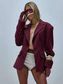 MUSERA Oversized Cinched Waist Boxy Fit Blazer Winter New Years Office Everyday Work Cute Coolgirl Tailoring Valentines Day Spring - Burgundy - View 1