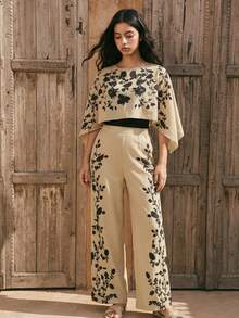 SHEIN Sparklyn 3件組花卉印花雪紡吊帶背心、襯衫與長褲套裝，休閒度假風，適合青少年女孩 - 卡其色 - 查看 6