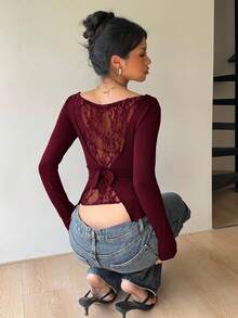 SHEIN PETITE CURVE Plus Size Elegant Solid Color Lace Patchwork Asymmetric Hem T-Shirt - Burgundy - View 8