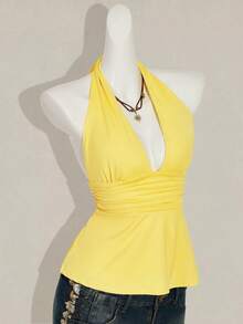 SHEIN ICON Halloween Women's Halter Backless Black Babydoll Tank Top - Yellow - View 8