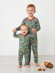 Toddler Boys' Pullover Knit Soft Ribbed Trim Digger Graphic Snug Fit Long Sleeve Jumpsuit, Cozy Sleepwear, Autumn/Winter - Green - View 1