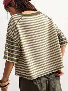 Bohemela 波西米亚风夏季度假情人节嘉年华休闲条纹圆领宽松女式T恤 - 綠色 - 查看 7
